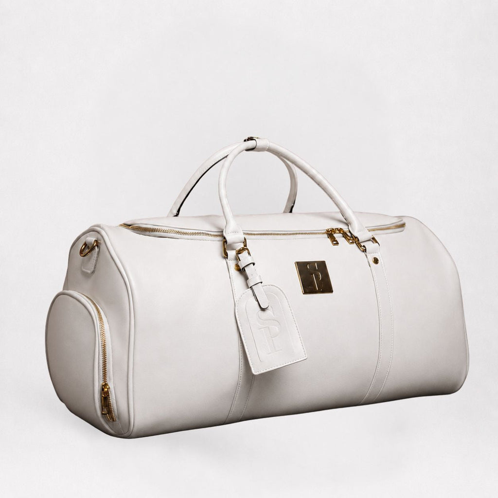 White Leather Weekender Duffle Bag